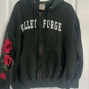 Green Zip Up Hooded Sweatshirt Oversized - Embroidered Rose Sleeves Valley Forge